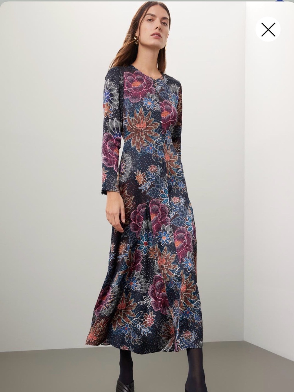 Farm Rio Long-Sleeve Boho Floral Maxi Dress in Navy with Pink & Blue Blooms
